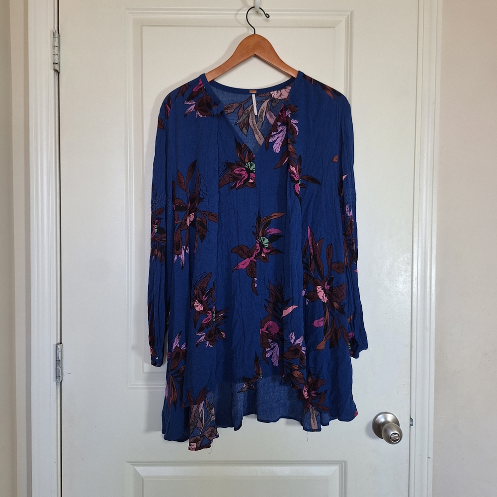 Free People Tree Swing Blue Floral Tunin Boho Hig Low Mini Dress Size S - Picture 2 of 6